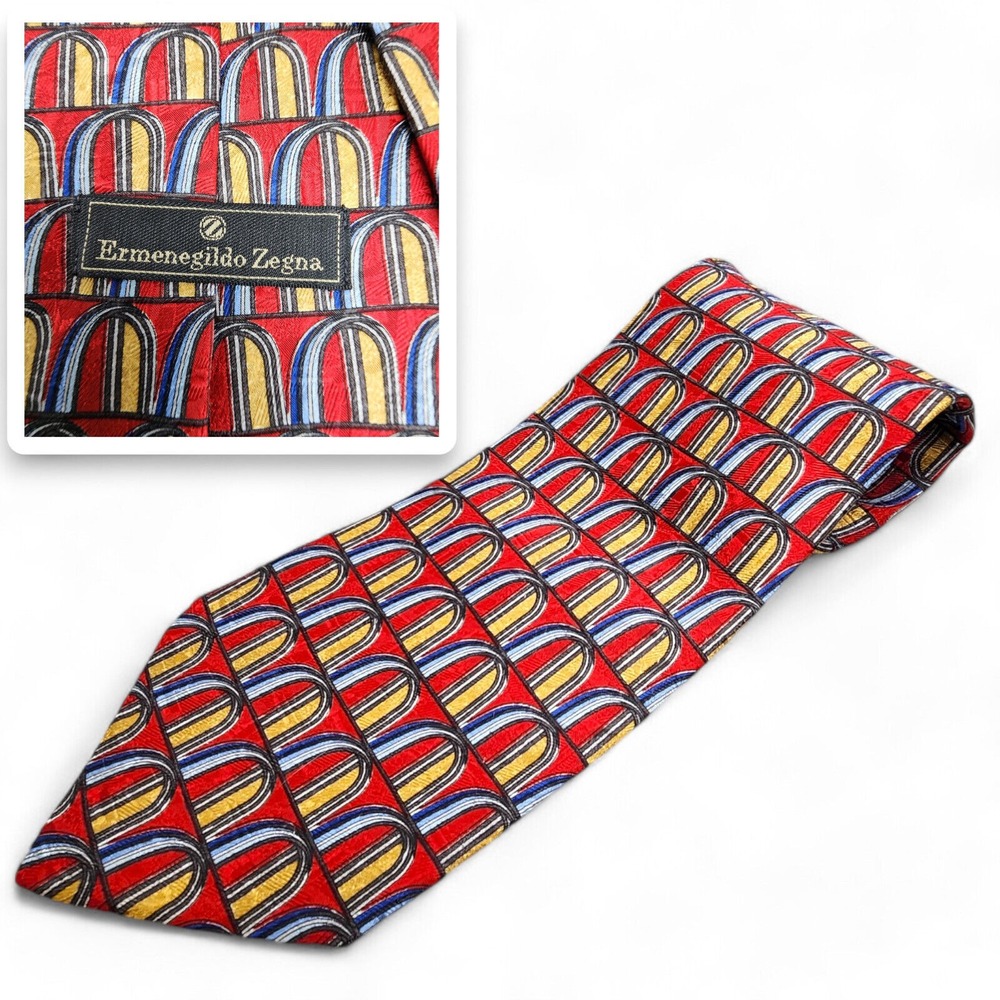 Ermenegildo‎ Zegna Exclusive Design Tie Red Gold Arches 100% Silk Necktie Italy
